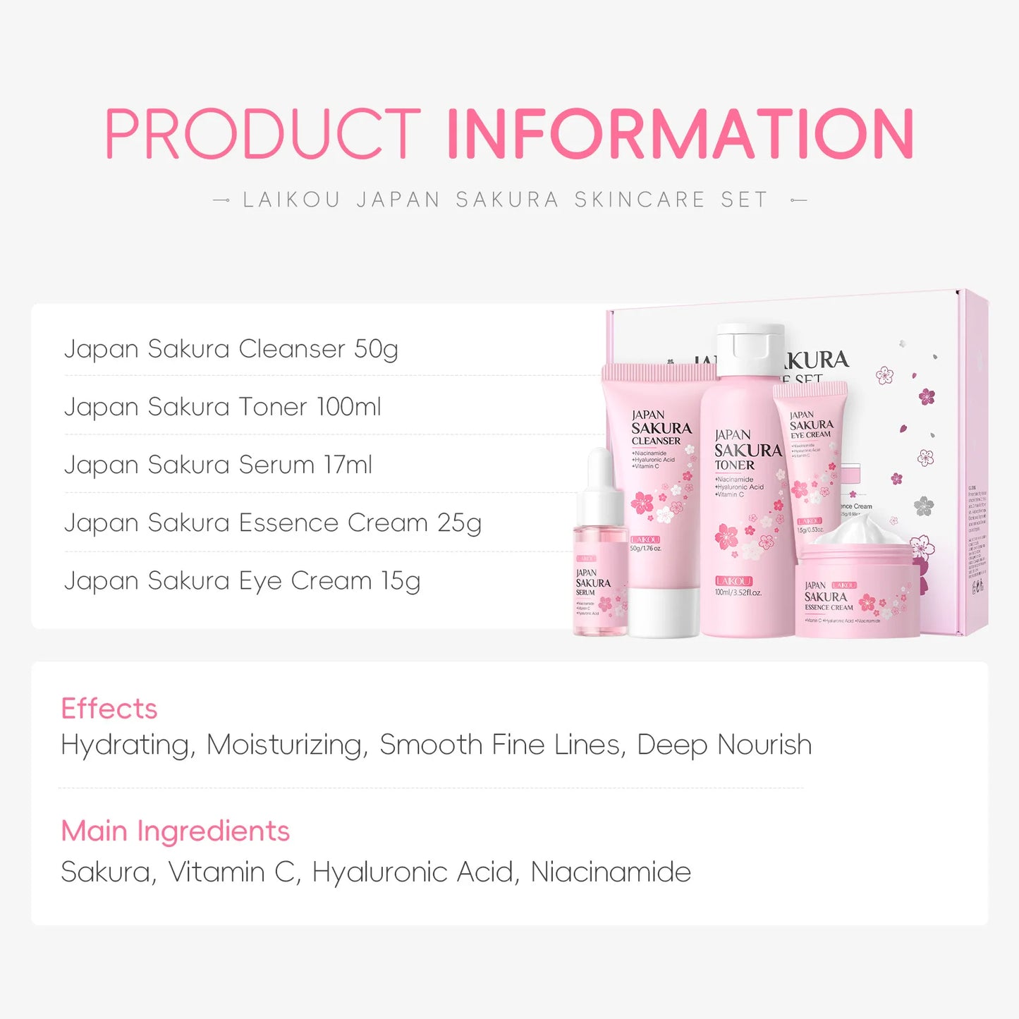 Sakura Skincare Set – Japanese 5-Step Ultimate Glow Kit with Cleanser, Toner, Serum, Cream & Eye Cream