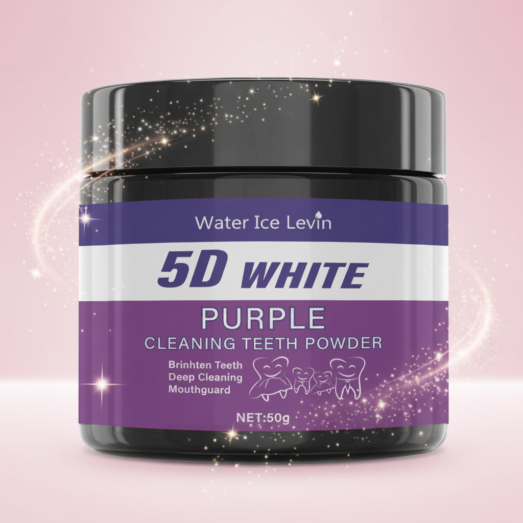 Purple Tooth Whitening Powder on pink sparkle background