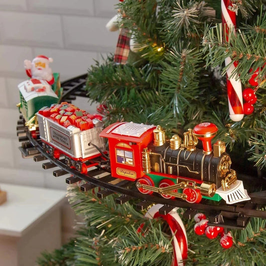 Battery Operate Railway Train with Sound&Light Railway Car Toys Christmas Train Tree Decoration Track  Electric Toys for Kids