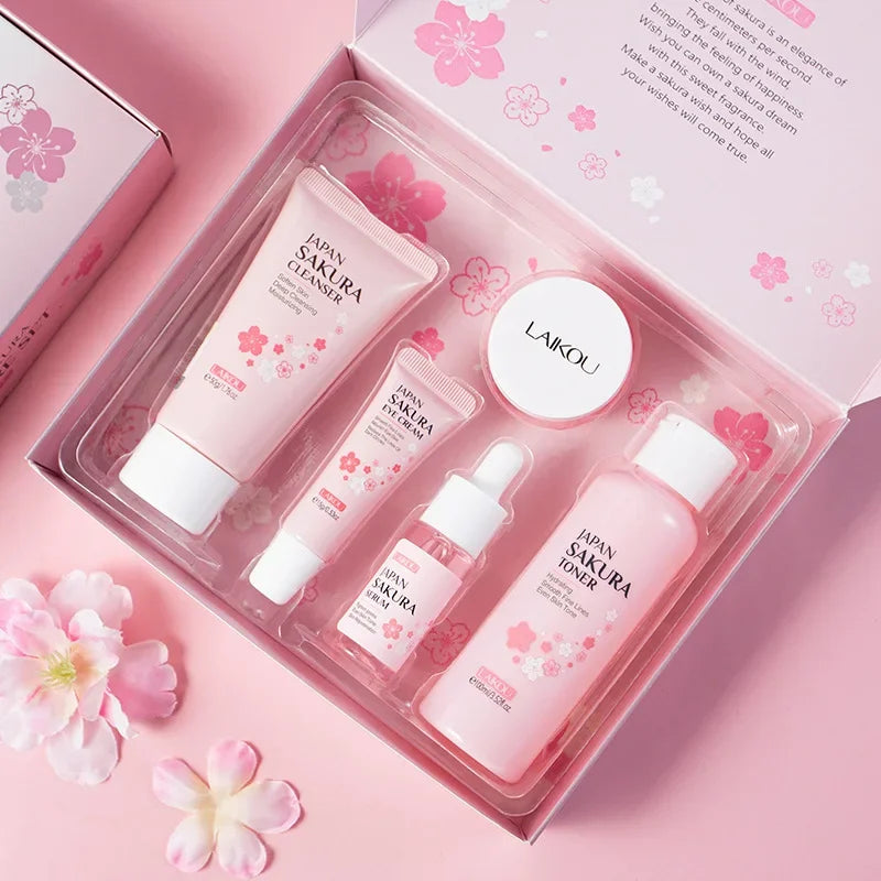 Sakura Skincare Set – Japanese 5-Step Ultimate Glow Kit with Cleanser, Toner, Serum, Cream & Eye Cream