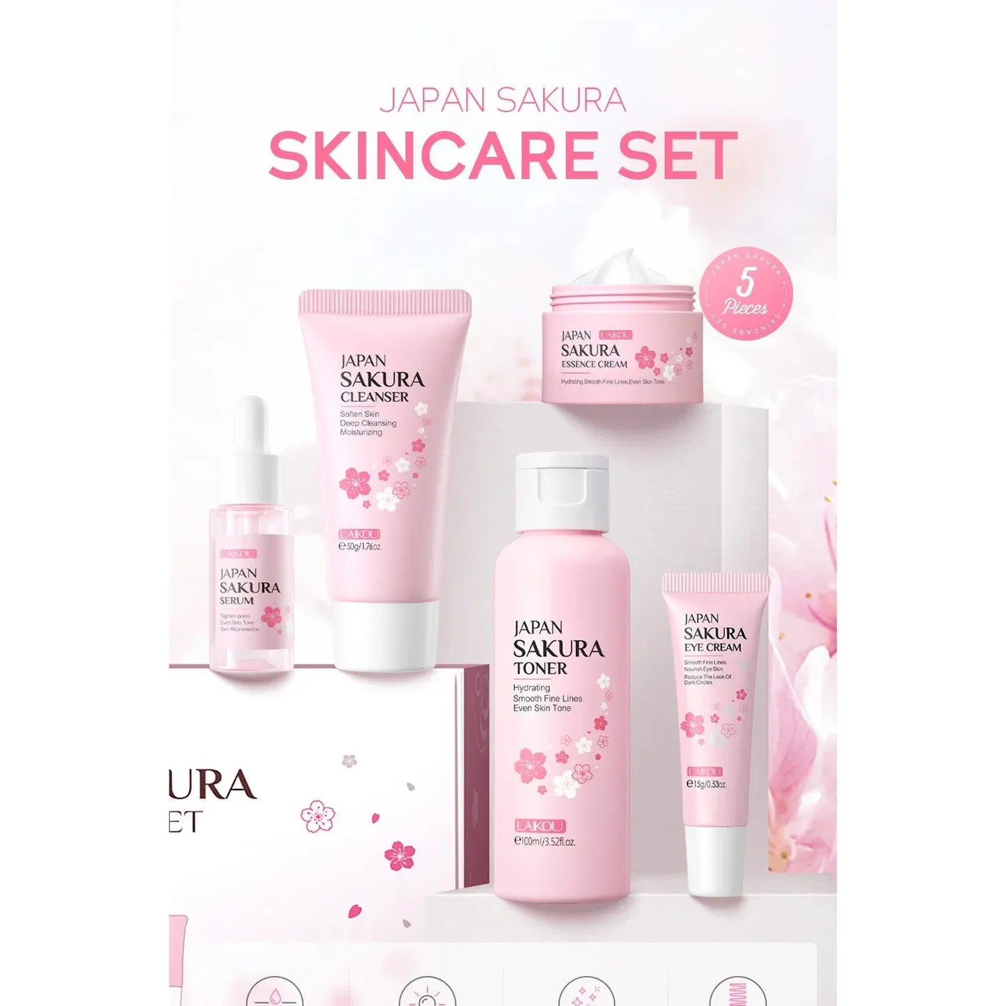 Sakura Skincare Set – Japanese 5-Step Ultimate Glow Kit with Cleanser, Toner, Serum, Cream & Eye Cream
