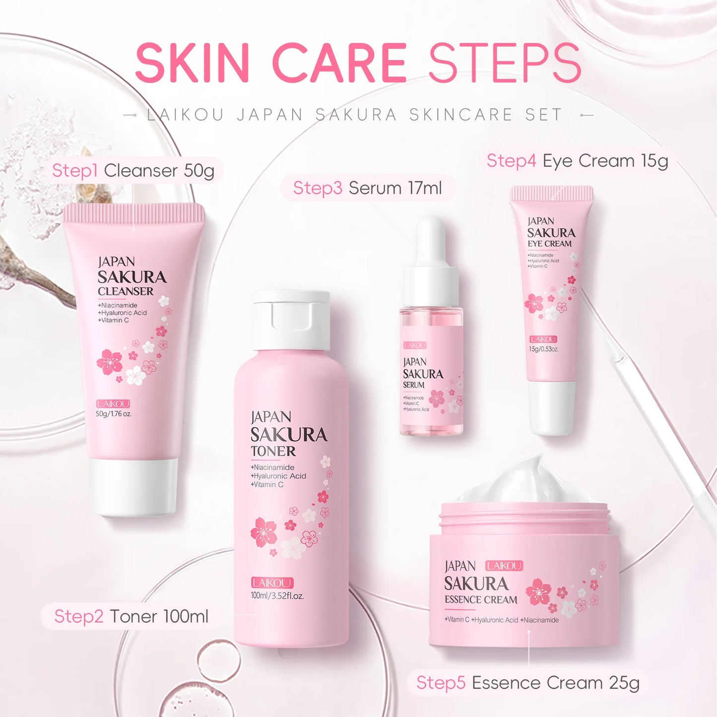 Sakura Skincare Set – Japanese 5-Step Ultimate Glow Kit with Cleanser, Toner, Serum, Cream & Eye Cream