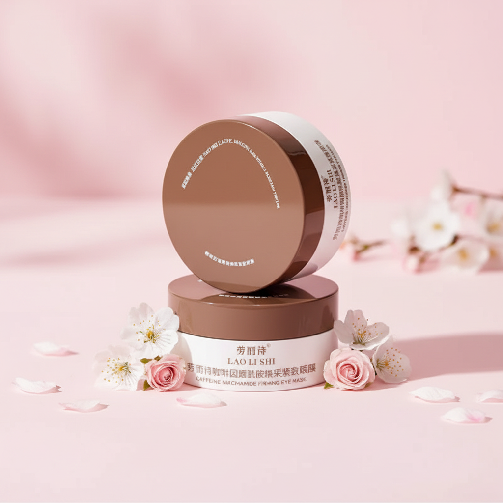 Caffeine Nicotinamide Eye Masks on pink feminine background