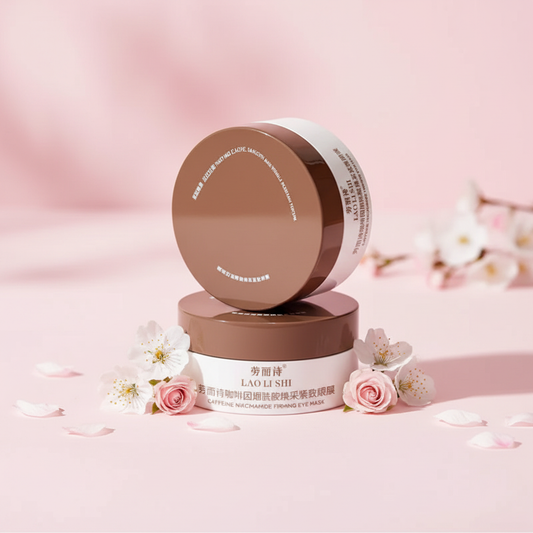 Caffeine Nicotinamide Eye Masks on pink feminine background
