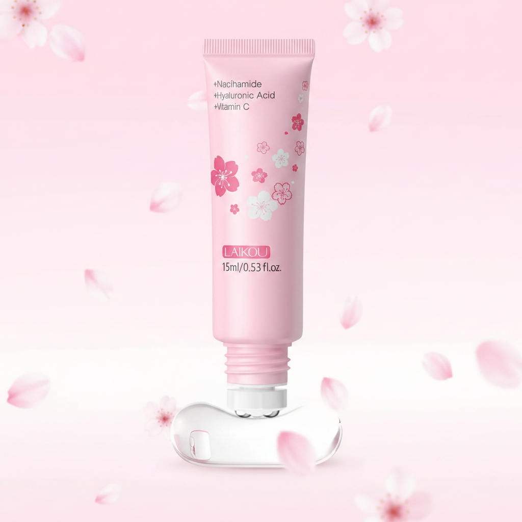 Japan Sakura Eye Serum Triple Roller on sakura pink background