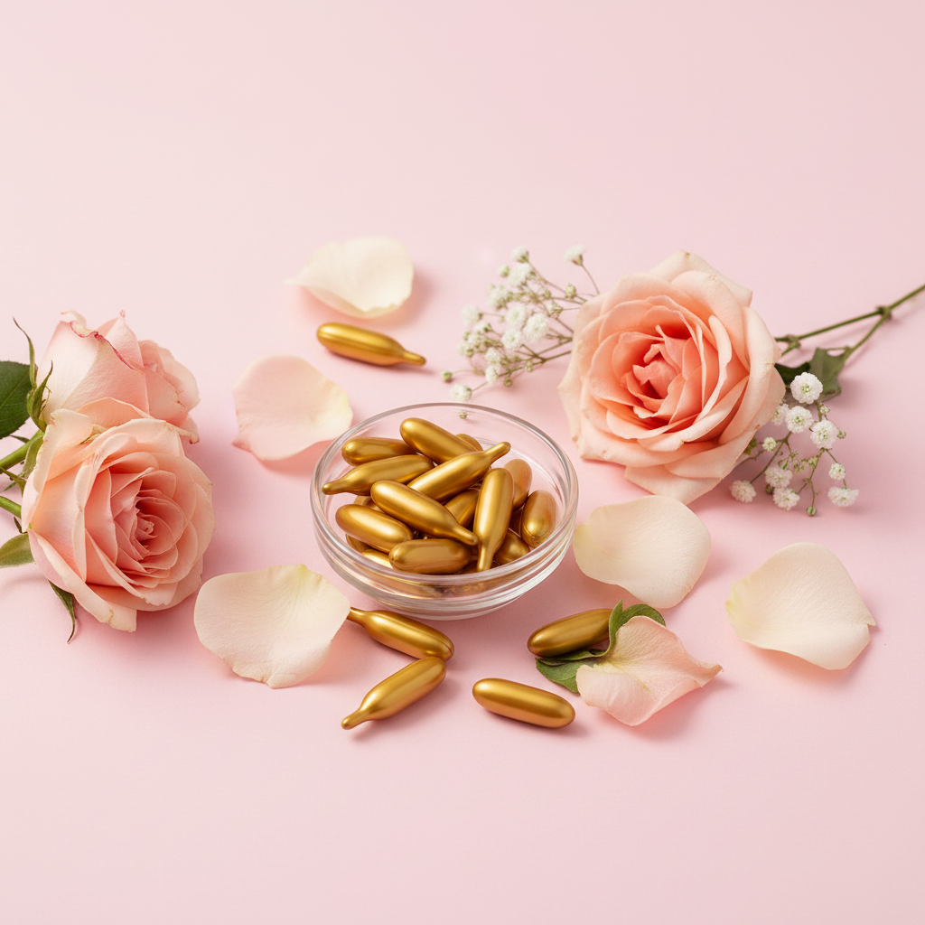 Vitamin E Moisturizing Capsules on pink feminine background