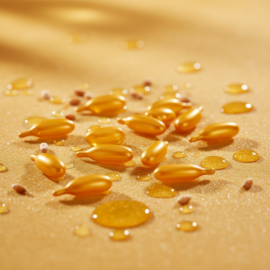 Vitamin E Moisturizing Capsules on golden wheat background