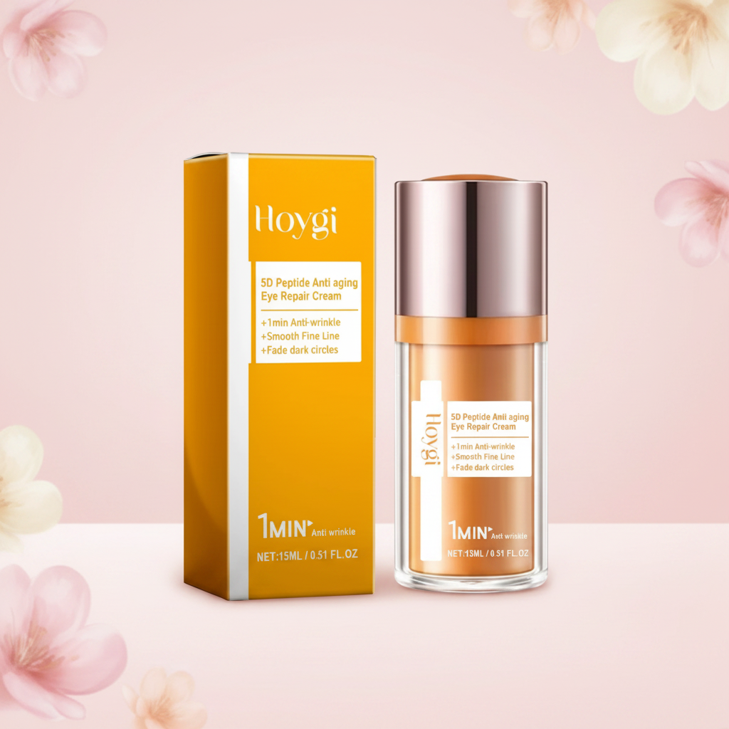 HOYGI 5D Peptide Firming Eye Cream on pink feminine background