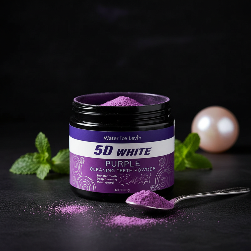 Purple Tooth Whitening Powder on dark background