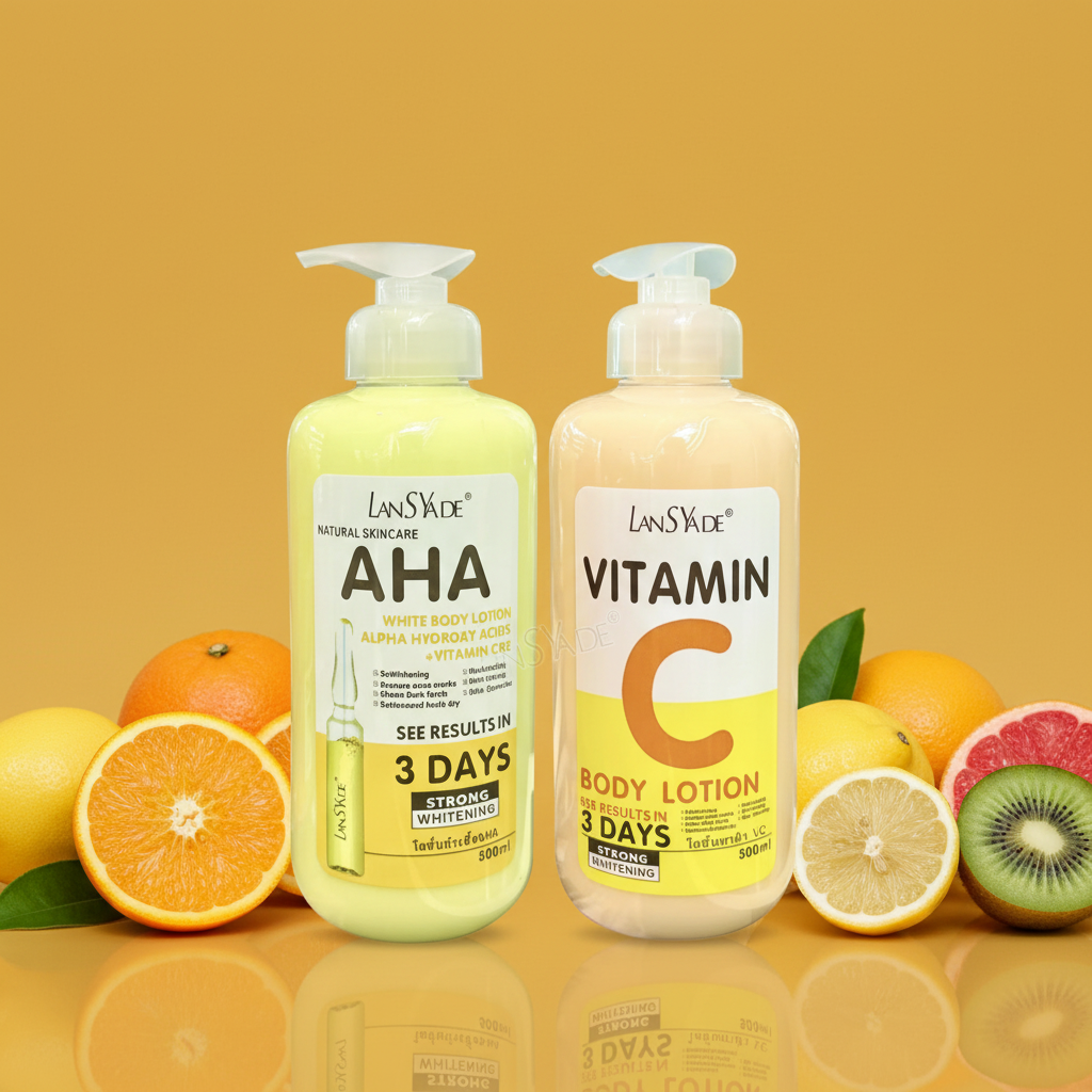 Vitamin C Whitening Body Lotion on golden citrus background