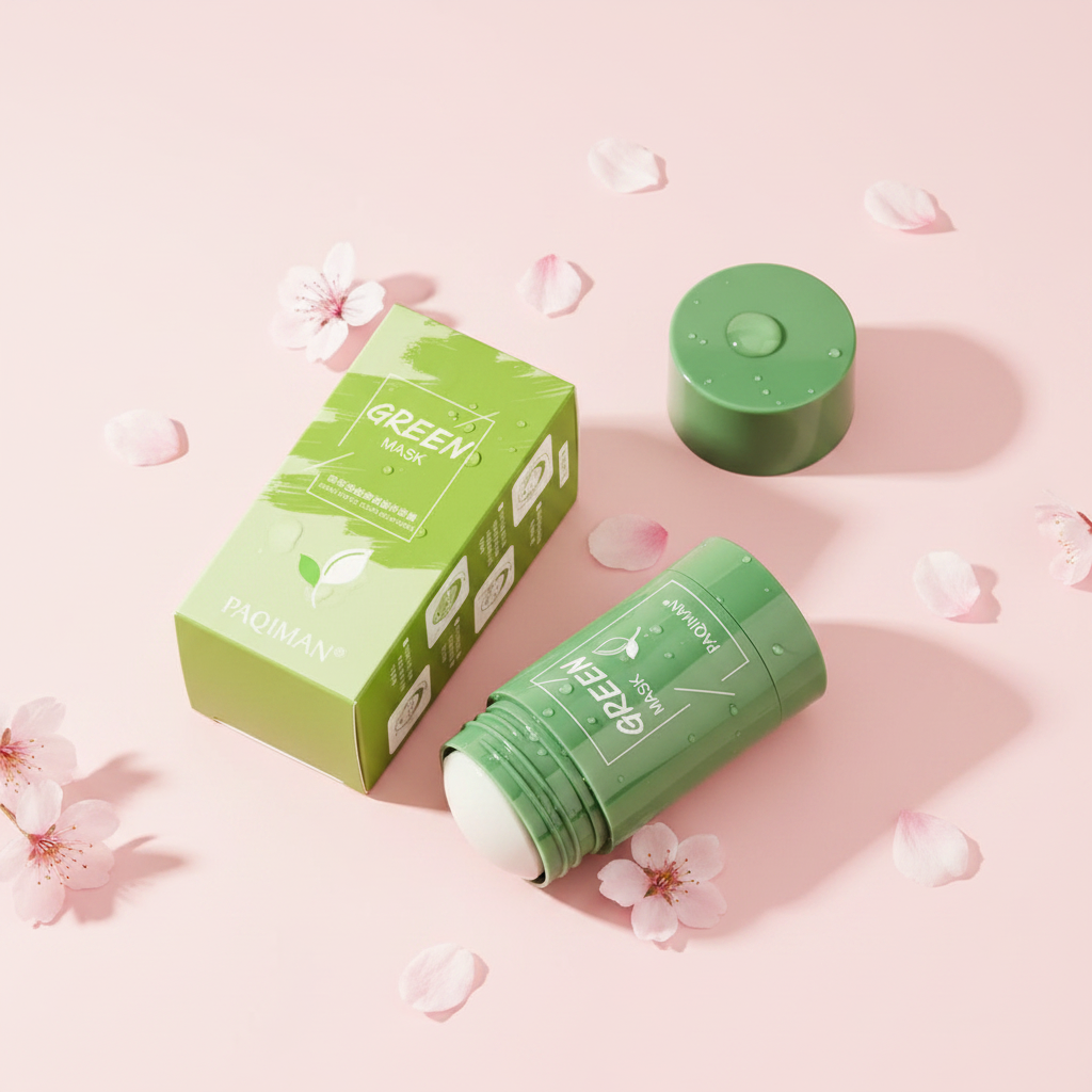 Green Tea Detox Stick Mask on pink blossom background
