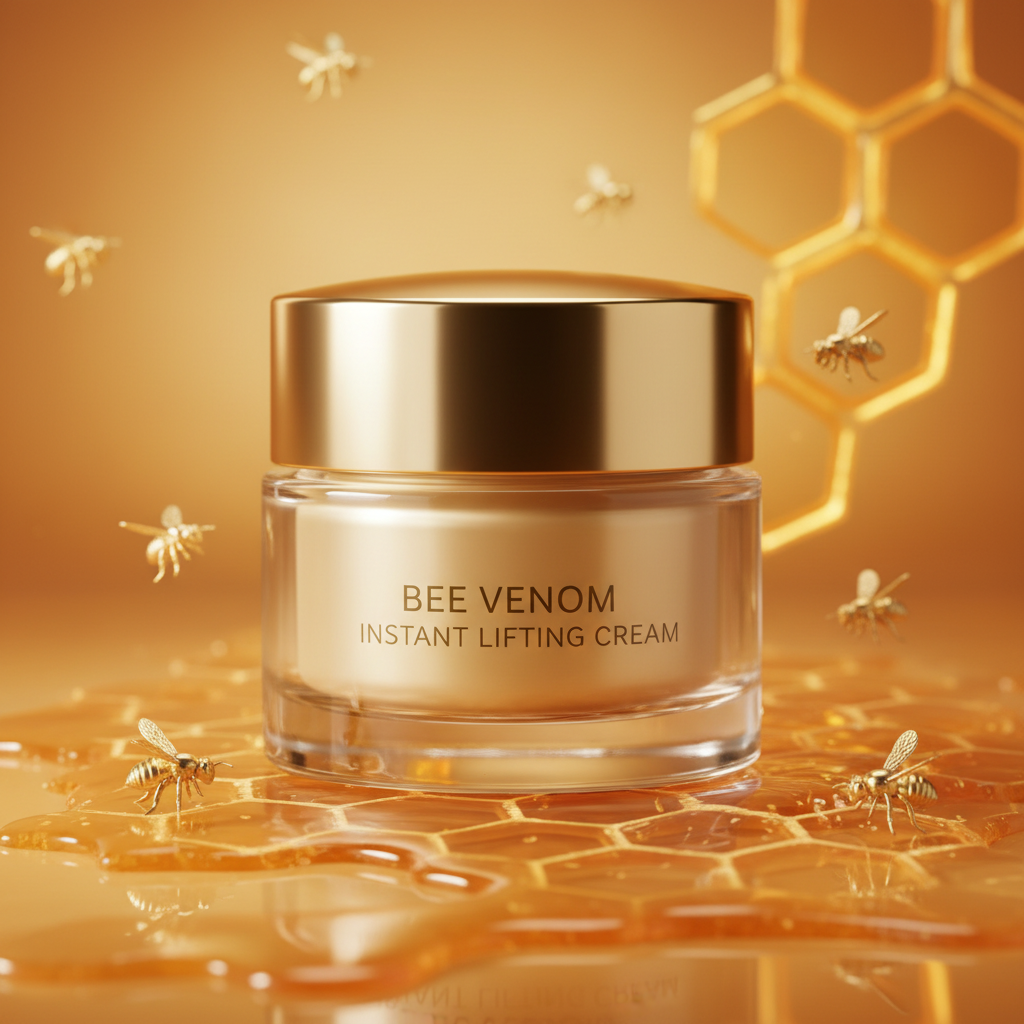 Bee Venom Instant Lifting Cream on golden honeycomb background