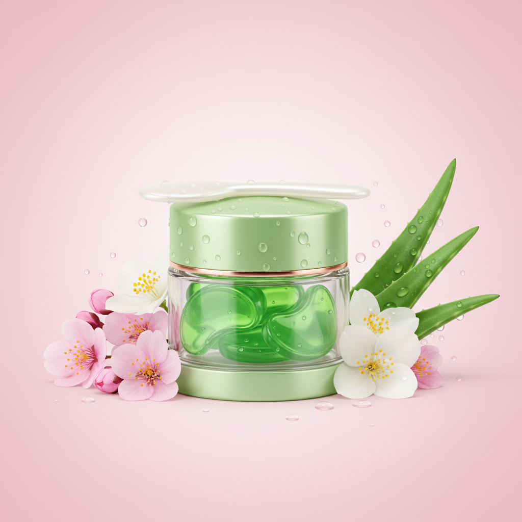 Aloe Vera Collagen Eye Masks on pink feminine background