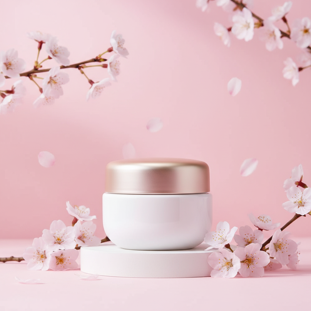 Korean Retinol Moisturizer on pink cherry blossom background
