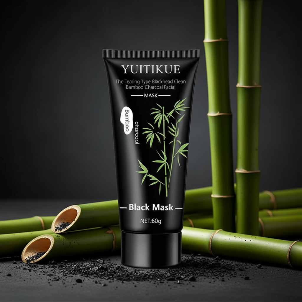 Deep Pore Cleansing Black Mask on charcoal bamboo background