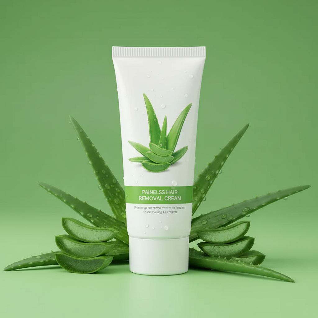 Aloe Vera Painless Hair Removal Cream on aloe green background
