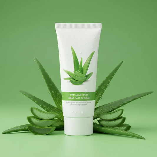 Aloe Vera Painless Hair Removal Cream on aloe green background