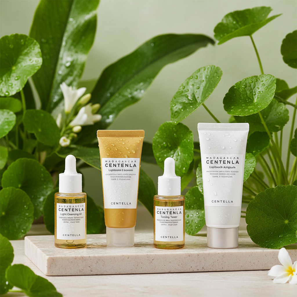 Centella Asiatica 5-Step Korean Skincare Kit on botanical green background
