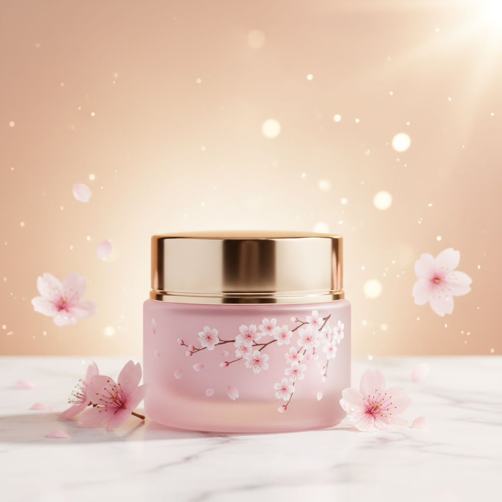 Sakura Brightening Cream on peach gold sakura background