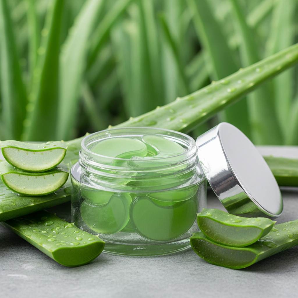 Aloe Vera Collagen Eye Masks on natural aloe green background