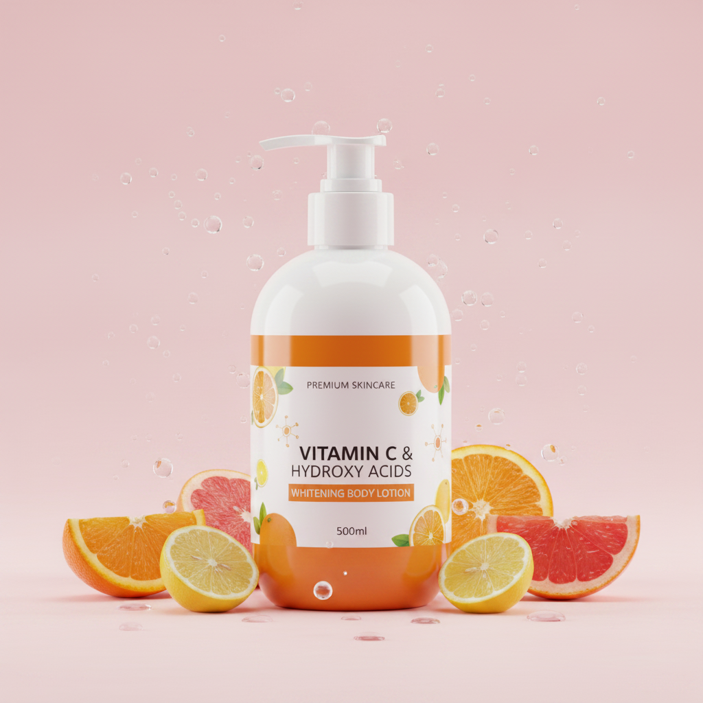 Vitamin C Whitening Body Lotion on citrus pink background