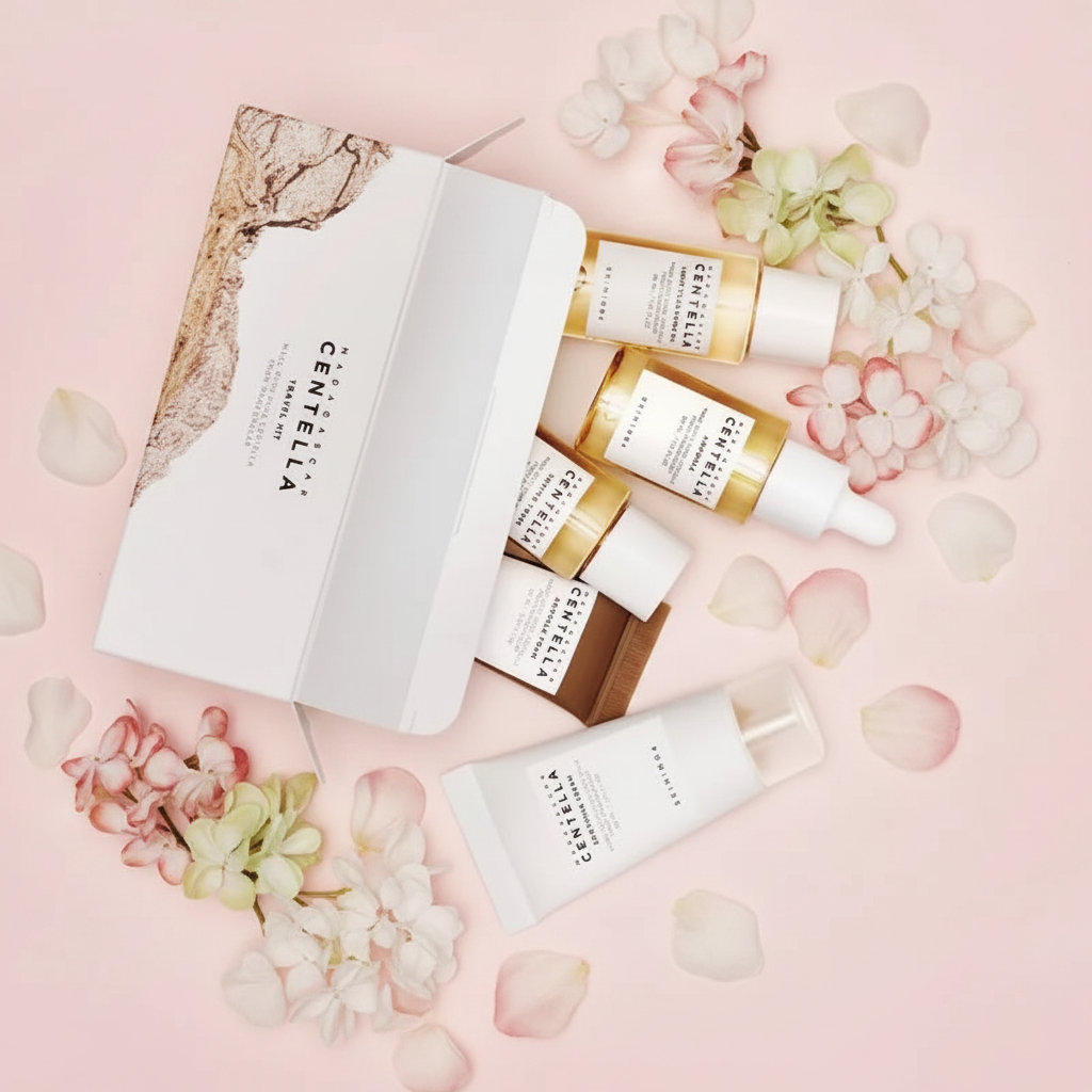 Centella Asiatica 5-Step Korean Skincare Kit on pink feminine background